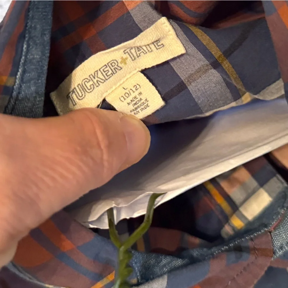 TUCKER + TATE Boys Tartan Plaid Button Down Shirt Navy Blue Rust Orange White - Picture 6 of 8